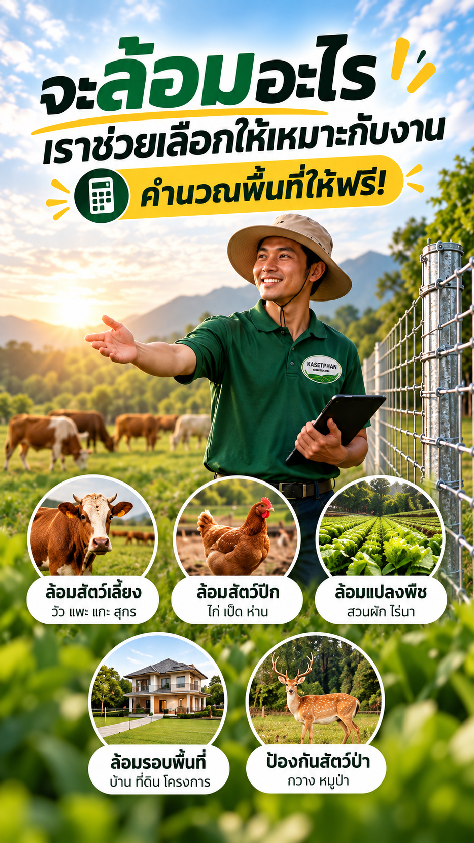 เกษตรภัณฑ์ แนะนำรั้วตาข่ายให้เหมาะกับการใช้งาน พร้อมช่วยคำนวณพื้นที่ฟรี สำหรับล้อมสัตว์ แปลงพืช พื้นที่บ้าน และป้องกันสัตว์ป่า mobile