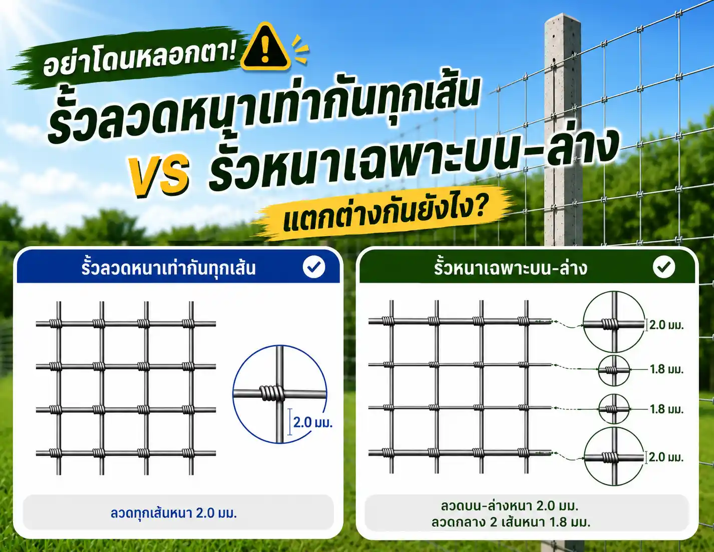 อย่าโดนหลอกตา! รั้วลวดหนาเท่ากันทุกเส้น vs รั้วหนาเฉพาะบน-ล่าง แตกต่างกันยังไง?