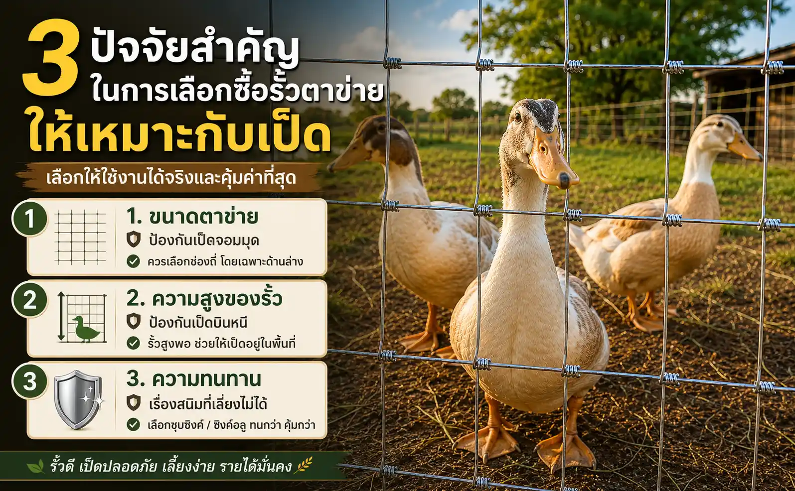 3 ปัจจัยสำคัญในการเลือกซื้อรั้วตาข่ายให้เหมาะกับเป็ด