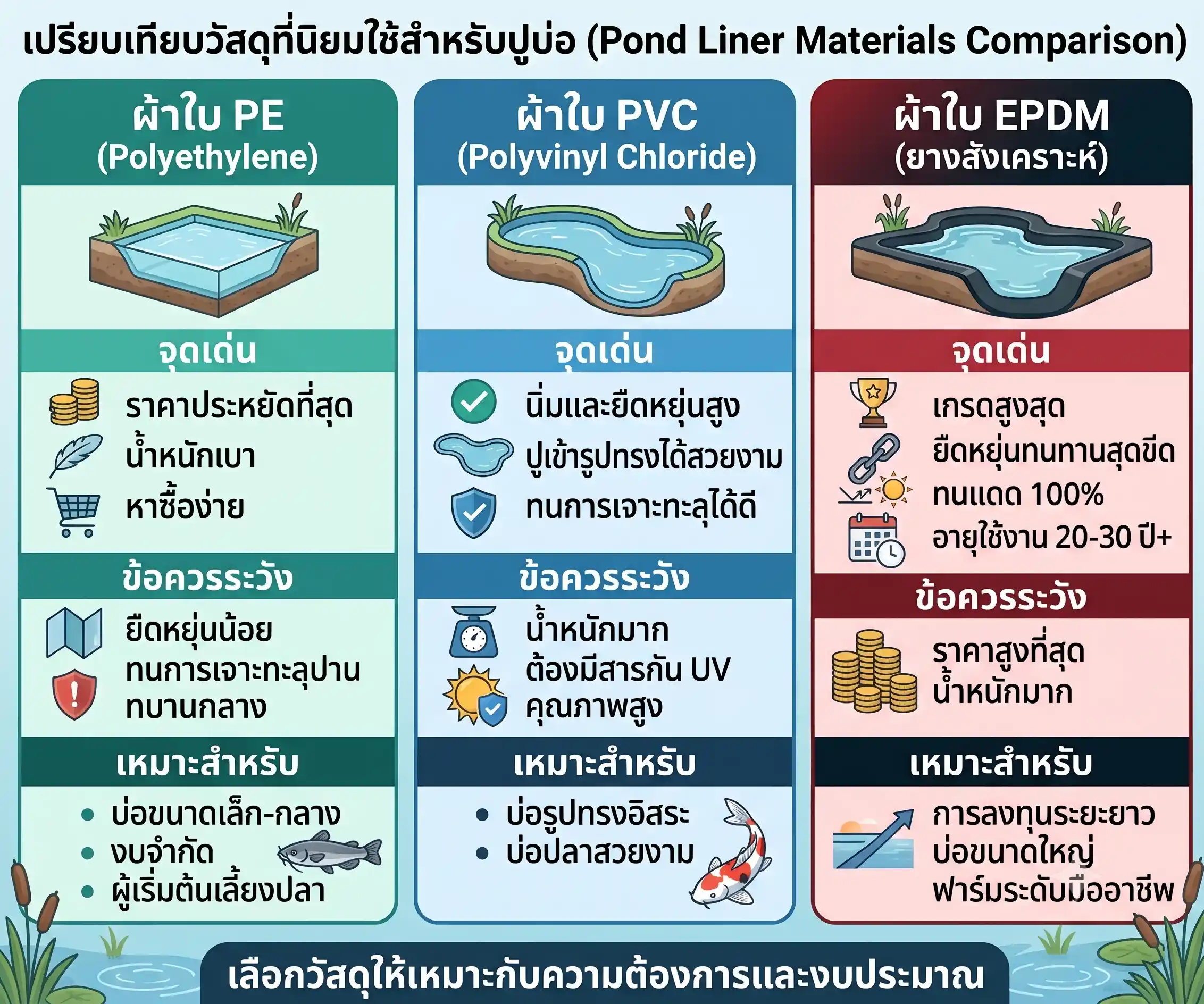 เปรียบเทียบวัสดุผ้าใบปูบ่อที่นิยมใช้