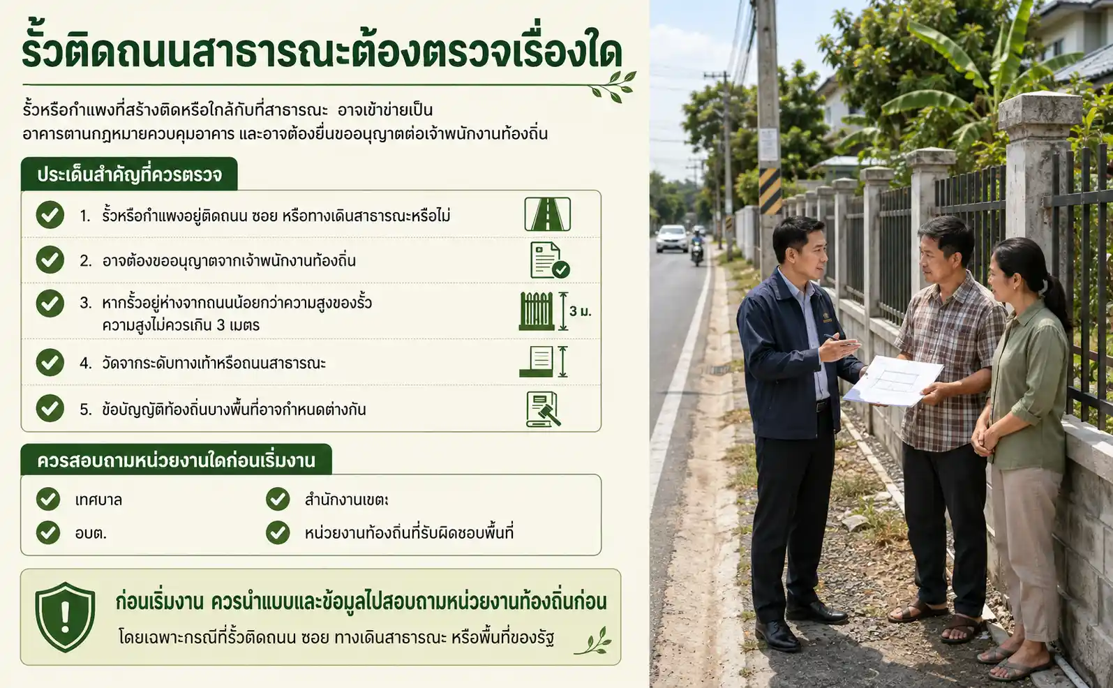 รั้วติดถนนสาธารณะต้องตรวจเรื่องใด
