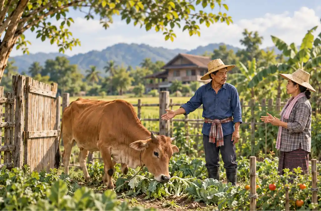 วัวหลุดเข้าที่ดินข้างบ้านและกินพืชผักในแปลงเกษตร