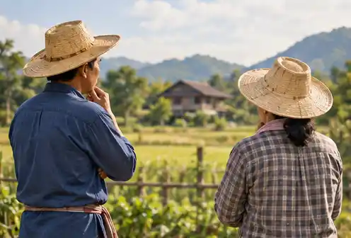 เจ้าของวัวและเจ้าของที่ดินพูดคุยตรวจสอบความเสียหายร่วมกัน