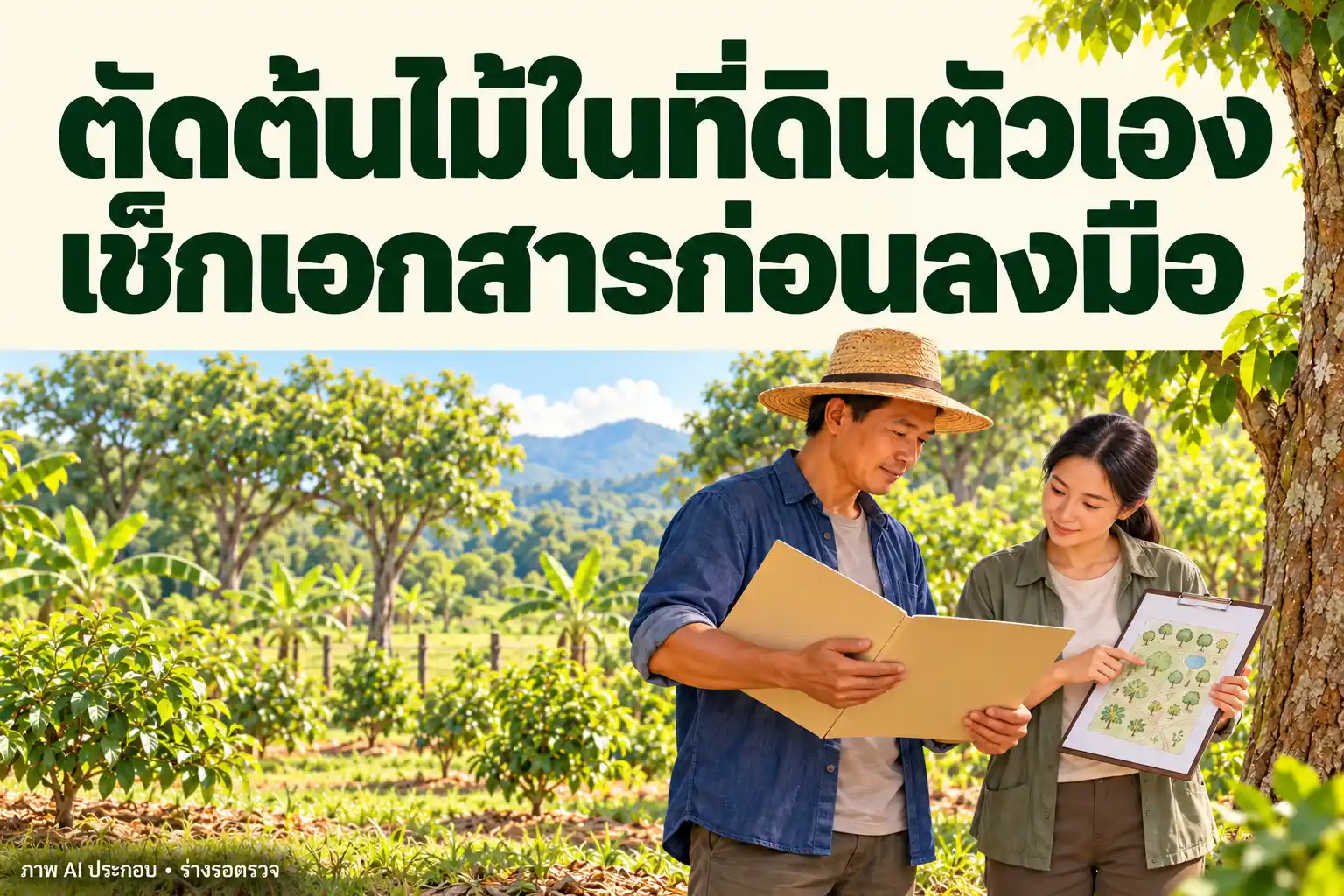 ภาพประกอบเจ้าของสวนตรวจแฟ้มเอกสารและแผนผังต้นไม้ก่อนตัดต้นไม้ในที่ดินตัวเอง