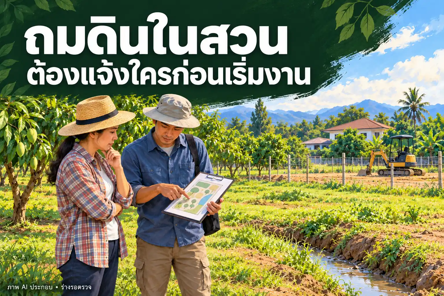 เจ้าของสวนปรึกษาเรื่องถมดินในสวนข้างแนวรั้วและร่องระบายน้ำ เป็นภาพ AI ประกอบสถานการณ์สมมติ