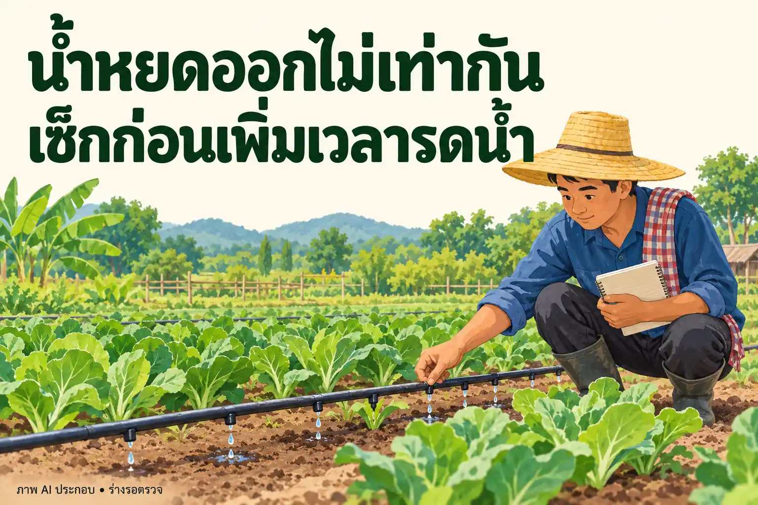 ภาพ AI เกษตรกรตรวจหัวจ่ายและท่อน้ำหยดในแปลงผัก เพื่อหาสาเหตุน้ำหยดออกไม่เท่ากัน