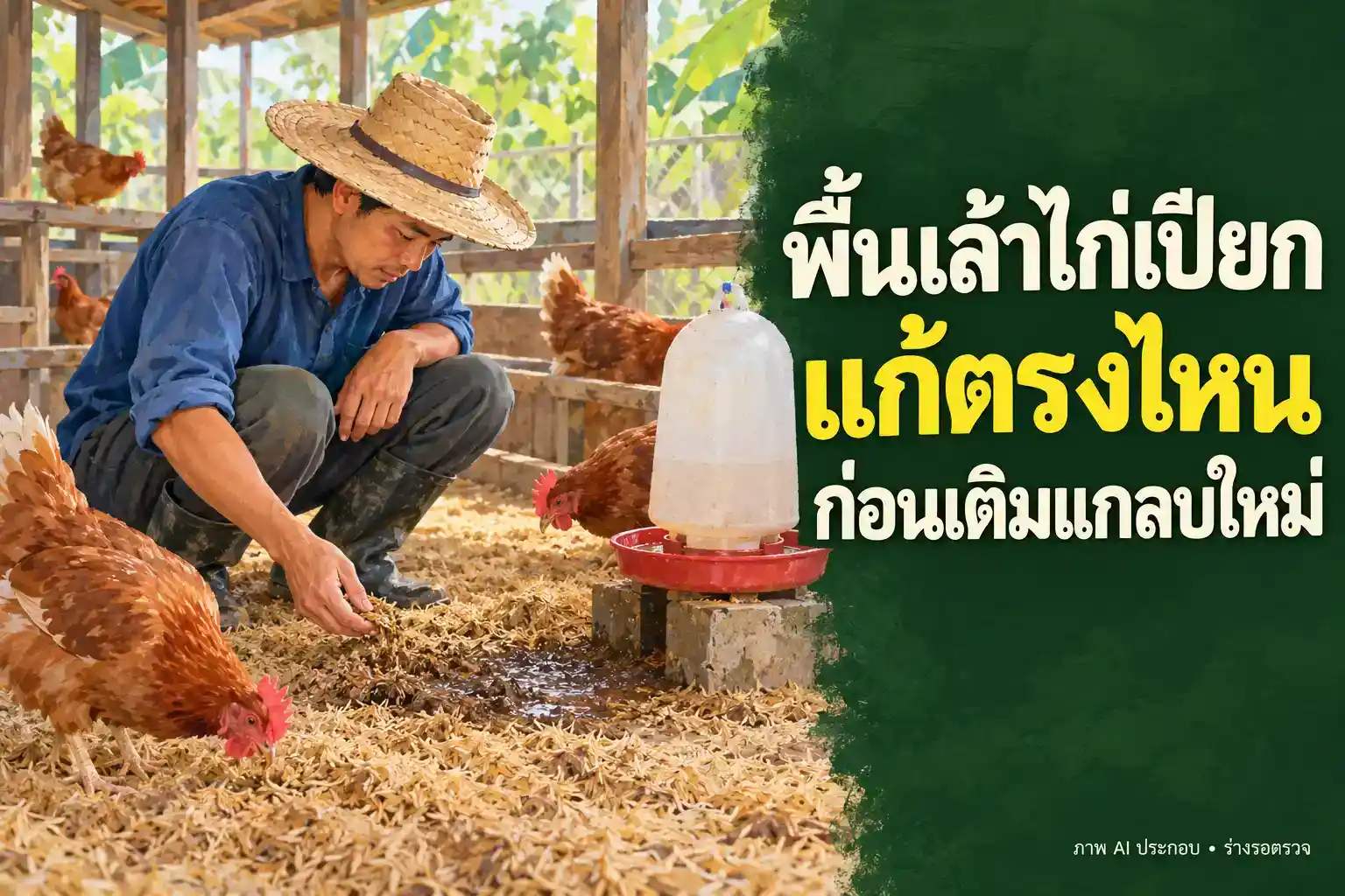 ปกบทความพื้นเล้าไก่เปียก แก้ตรงไหนก่อนเติมแกลบใหม่